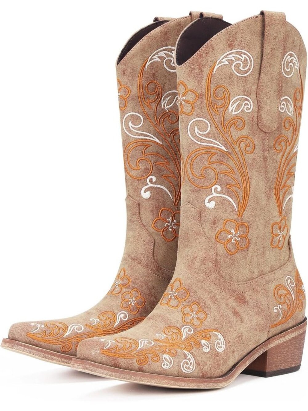 Women's Light Brown Cowgirl Boots Pointed Toe Chunky Heels Country Western Boots
